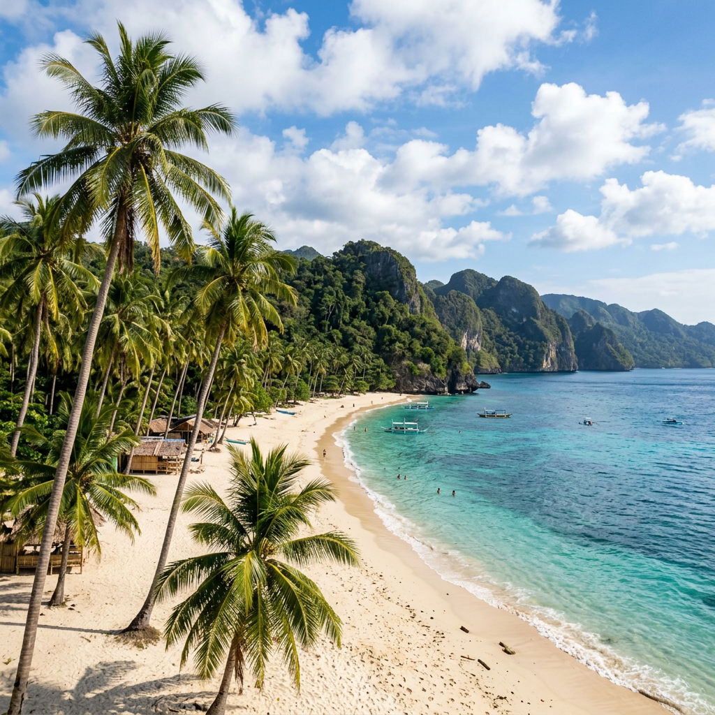 Sandy tropical beach lined with palm trees and boats on turquoise water